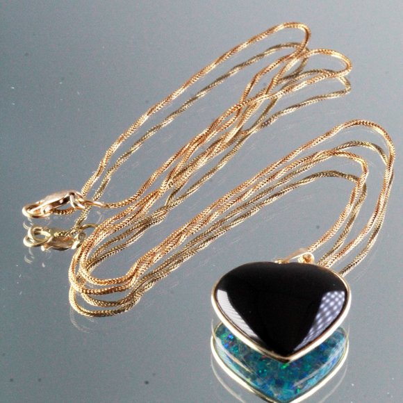 Massive 14k Gold Opal Triplet Onyx Heart Valentine Necklace - Picture 11 of 15